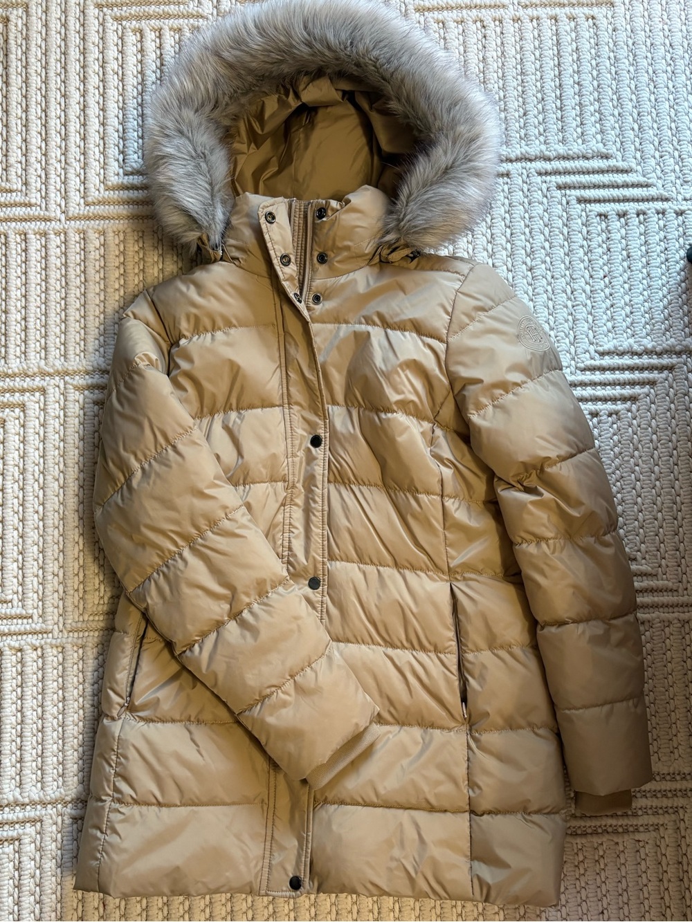 Tommy Hilfiger Tan Quilted Puffer Coat with Faux Fur Hood